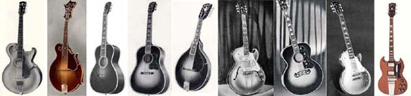 Gibson guitars, mandolin, banjo, F-5, L-5, K-5, jumbo, flat-top, archtop